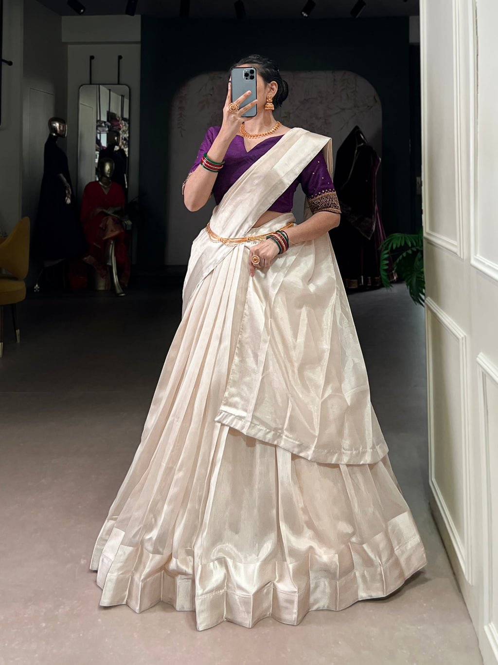 Lorenvalley Fashion White Poly Tasar Viscose Border Lehenga Choli with Dupatta | Grocsy