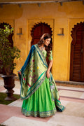 Lorenvalley Fashion Parrot Green Soft Silk Paithani Zari Weaving Work With Sequins and Thread Embroidery Scallop Lace Border Lehenga Choli with Dupatta | Grocsy