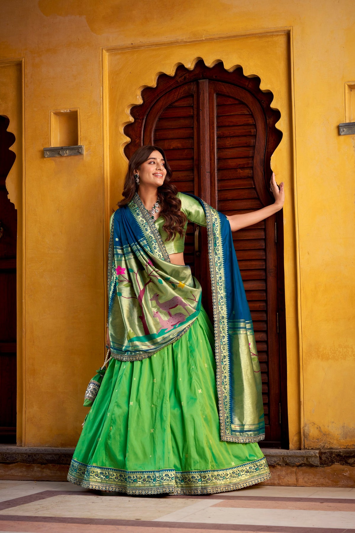 Lorenvalley Fashion Parrot Green Soft Silk Paithani Zari Weaving Work With Sequins and Thread Embroidery Scallop Lace Border Lehenga Choli with Dupatta | Grocsy