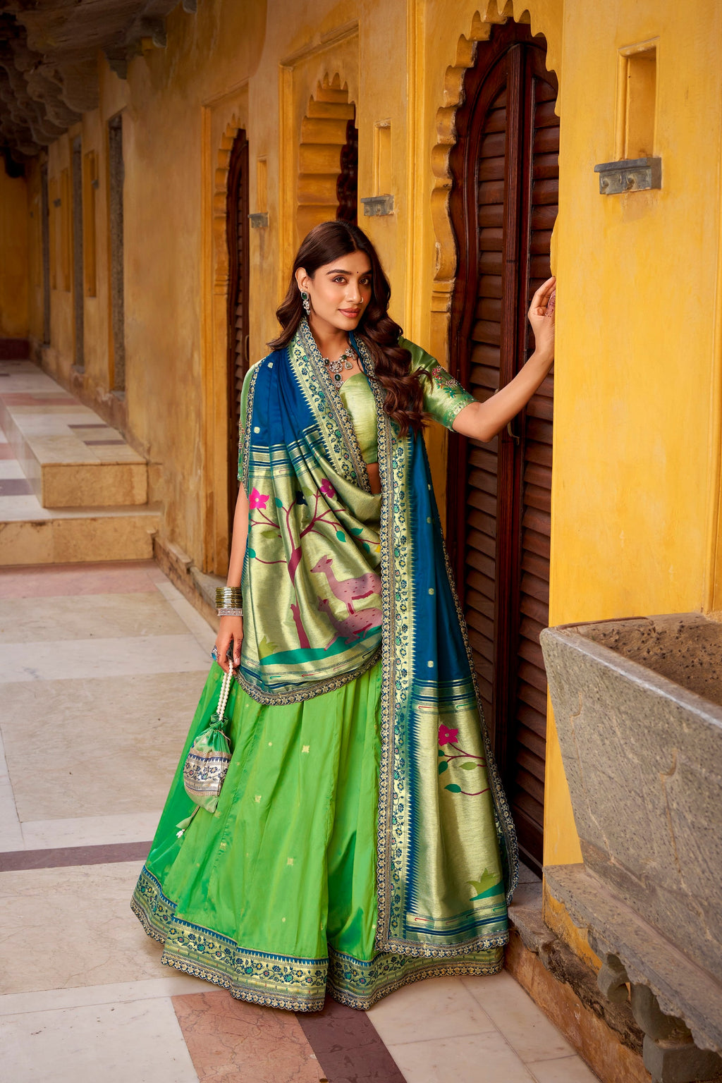 Lorenvalley Fashion Parrot Green Soft Silk Paithani Zari Weaving Work With Sequins and Thread Embroidery Scallop Lace Border Lehenga Choli with Dupatta | Grocsy