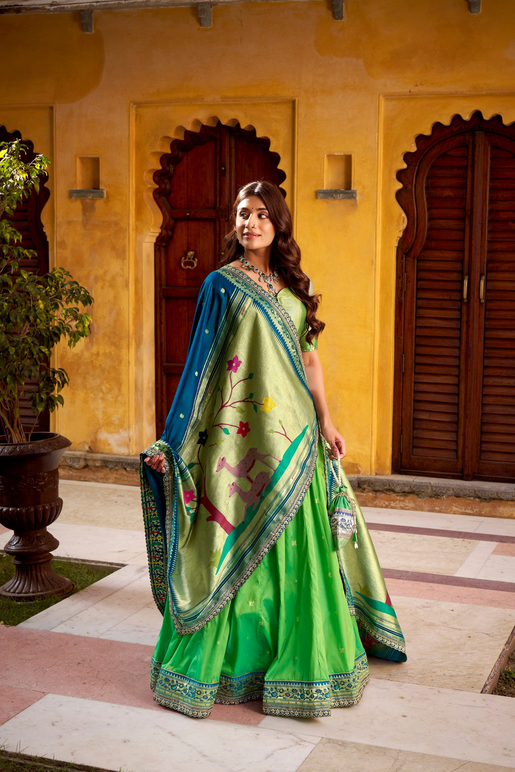 Lorenvalley Fashion Parrot Green Soft Silk Paithani Zari Weaving Work With Sequins and Thread Embroidery Scallop Lace Border Lehenga Choli with Dupatta | Grocsy