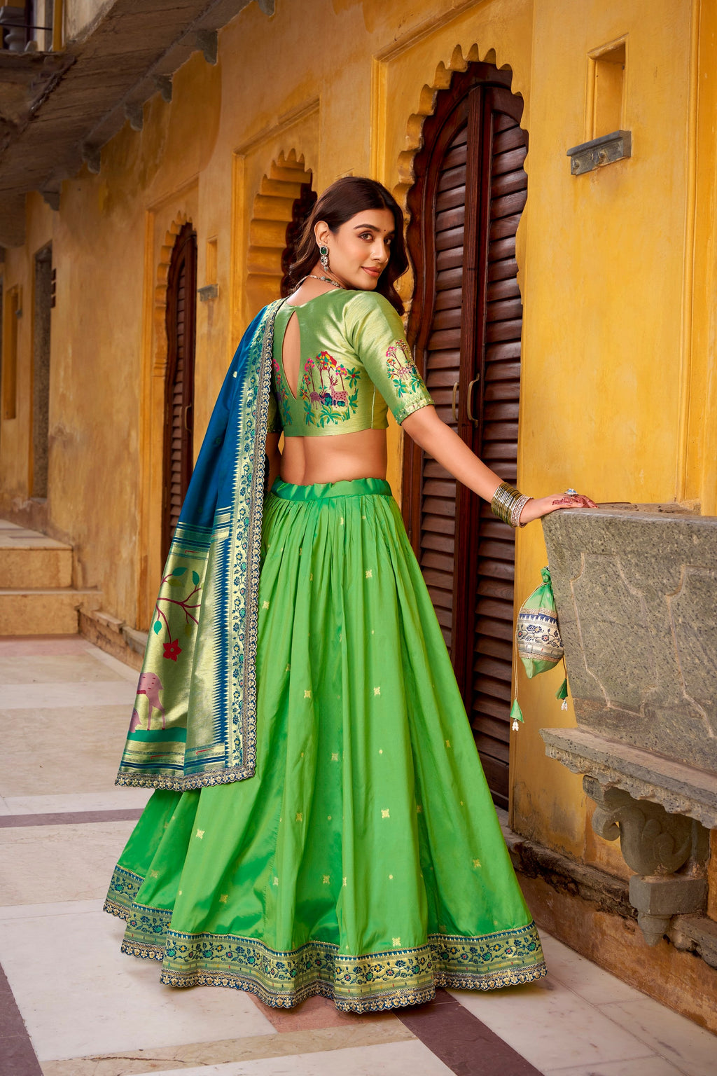 Lorenvalley Fashion Parrot Green Soft Silk Paithani Zari Weaving Work With Sequins and Thread Embroidery Scallop Lace Border Lehenga Choli with Dupatta | Grocsy