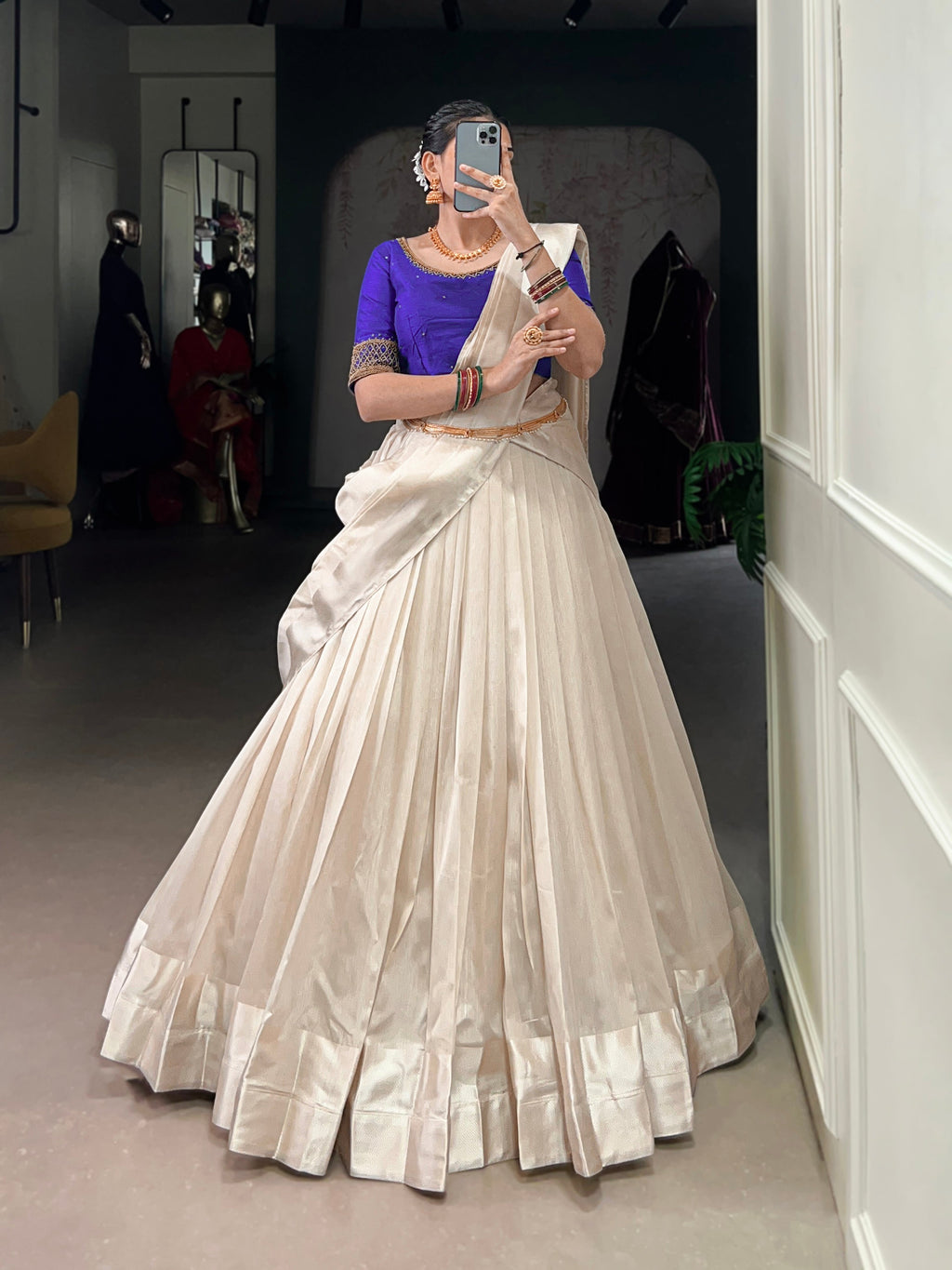 Lorenvalley Fashion White Poly Tasar Viscose Border Lehenga Choli with Dupatta | Grocsy