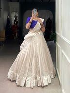 Lorenvalley Fashion White Poly Tasar Viscose Border Lehenga Choli with Dupatta | Grocsy