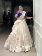 Lorenvalley Fashion White Poly Tasar Viscose Border Lehenga Choli with Dupatta | Grocsy