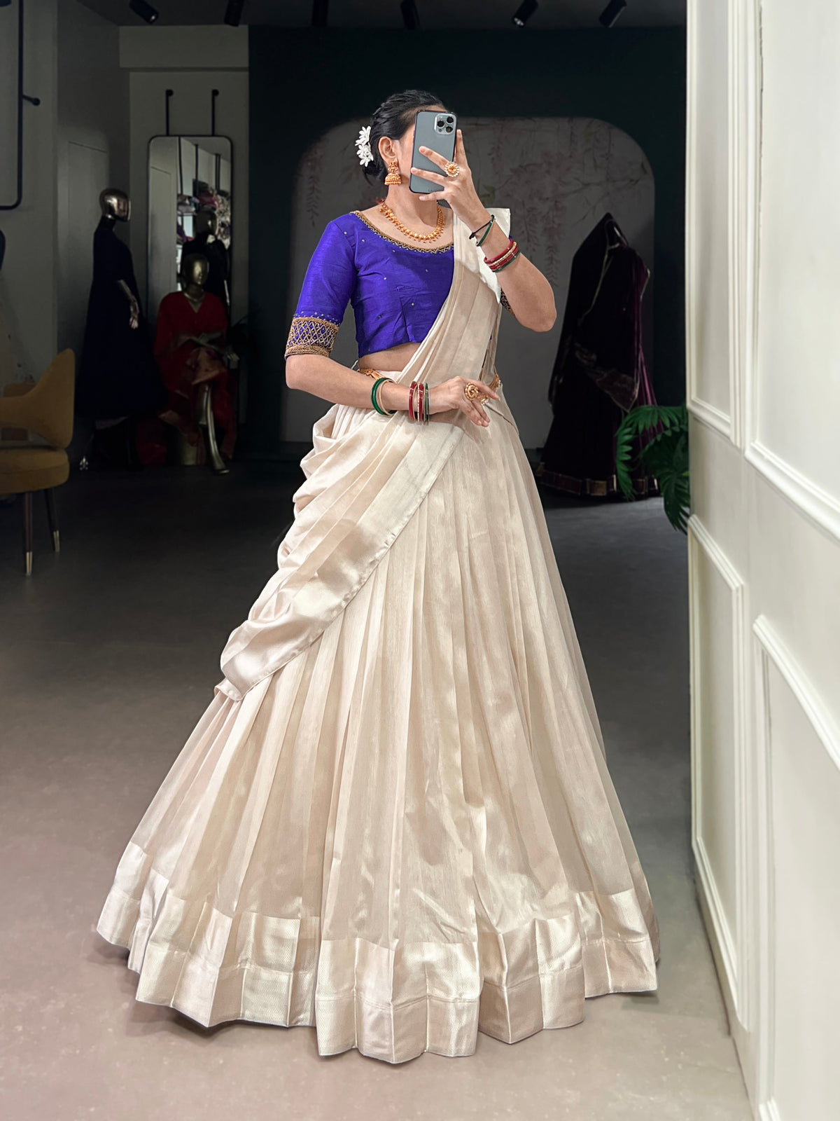 Lorenvalley Fashion White Poly Tasar Viscose Border Lehenga Choli with Dupatta | Grocsy