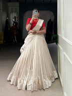 Lorenvalley Fashion White Poly Tasar Viscose Border Lehenga Choli with Dupatta | Grocsy