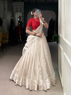 Lorenvalley Fashion White Poly Tasar Viscose Border Lehenga Choli with Dupatta | Grocsy