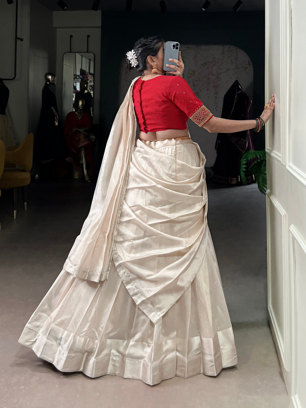 Lorenvalley Fashion White Poly Tasar Viscose Border Lehenga Choli with Dupatta | Grocsy