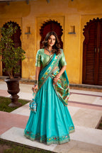 Lorenvalley Fashion Skyblue Soft Silk Paithani Zari Weaving Work With Sequins and Thread Embroidery Scallop Lace Border Lehenga Choli with Dupatta | Grocsy