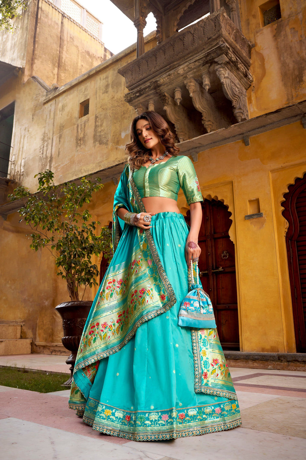 Lorenvalley Fashion Skyblue Soft Silk Paithani Zari Weaving Work With Sequins and Thread Embroidery Scallop Lace Border Lehenga Choli with Dupatta | Grocsy
