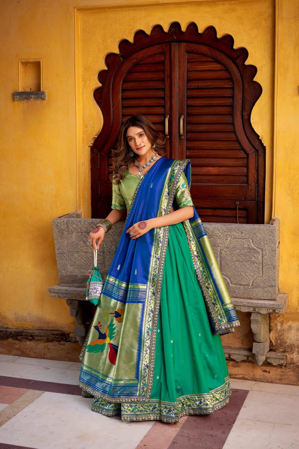 Lorenvalley Fashion Teal Soft Silk Paithani Zari Weaving Work With Sequins and Thread Embroidery Scallop Lace Border Lehenga Choli with Dupatta | Grocsy