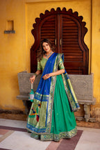 Lorenvalley Fashion Teal Soft Silk Paithani Zari Weaving Work With Sequins and Thread Embroidery Scallop Lace Border Lehenga Choli with Dupatta | Grocsy