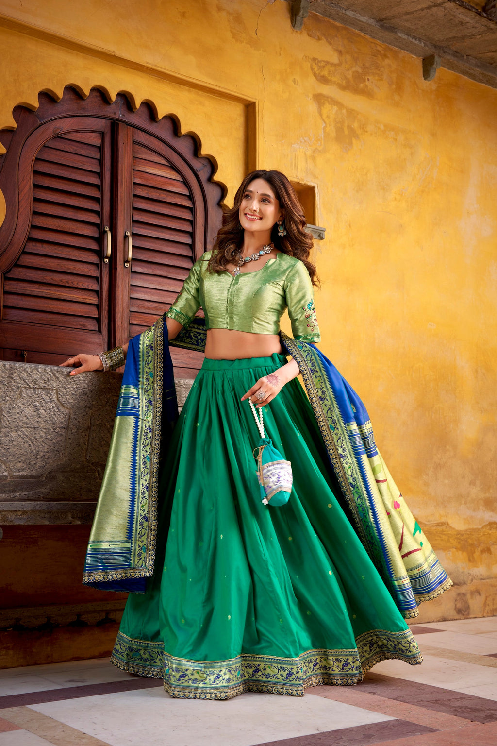Lorenvalley Fashion Teal Soft Silk Paithani Zari Weaving Work With Sequins and Thread Embroidery Scallop Lace Border Lehenga Choli with Dupatta | Grocsy