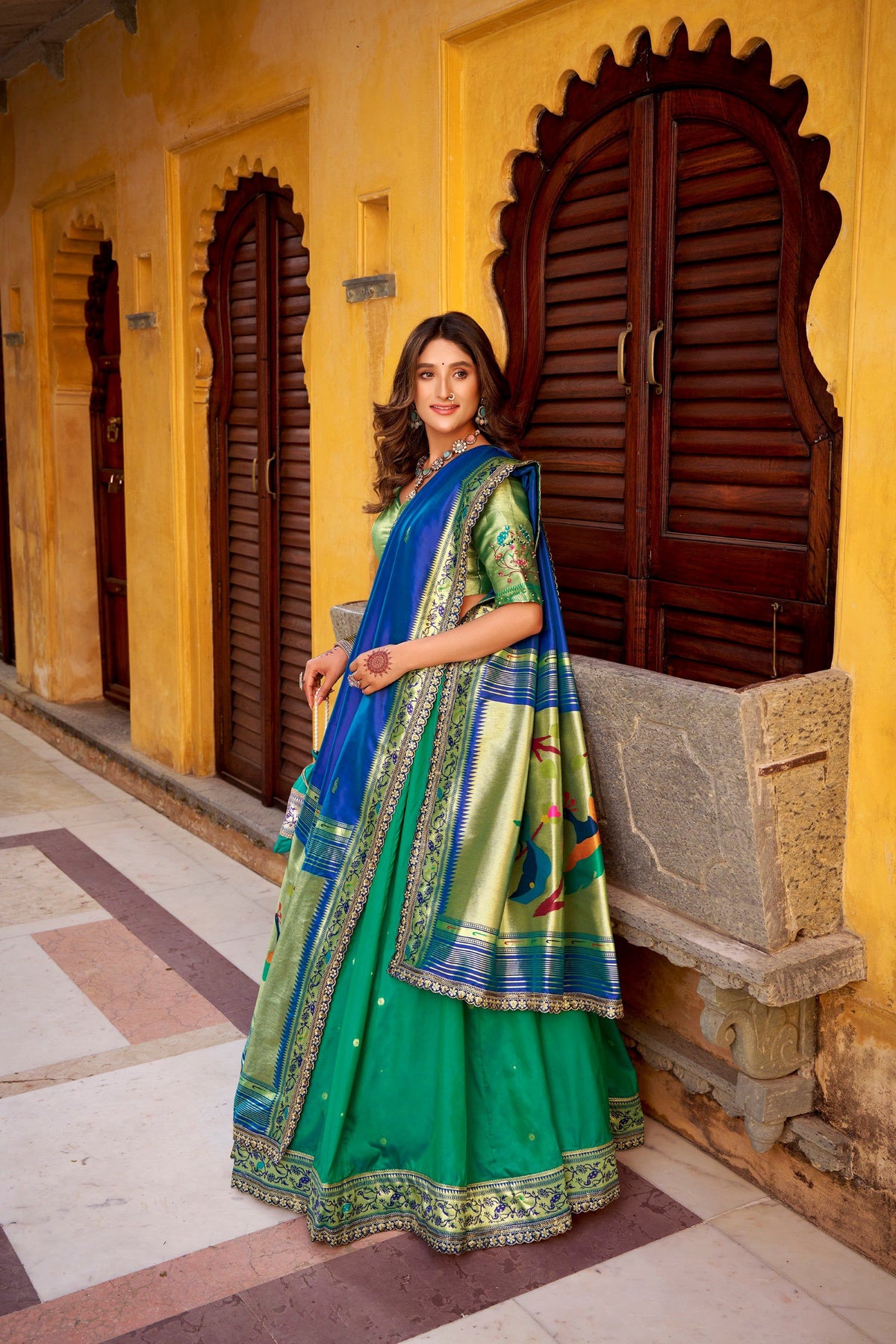 Lorenvalley Fashion Teal Soft Silk Paithani Zari Weaving Work With Sequins and Thread Embroidery Scallop Lace Border Lehenga Choli with Dupatta | Grocsy