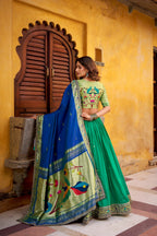Lorenvalley Fashion Teal Soft Silk Paithani Zari Weaving Work With Sequins and Thread Embroidery Scallop Lace Border Lehenga Choli with Dupatta | Grocsy