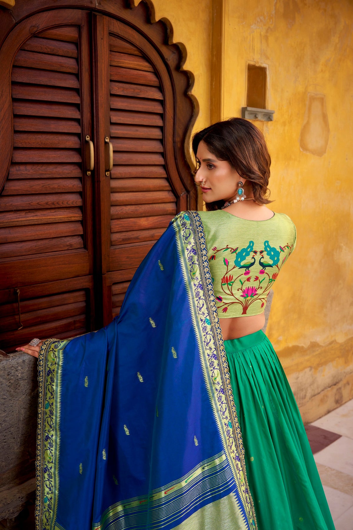 Lorenvalley Fashion Teal Soft Silk Paithani Zari Weaving Work With Sequins and Thread Embroidery Scallop Lace Border Lehenga Choli with Dupatta | Grocsy