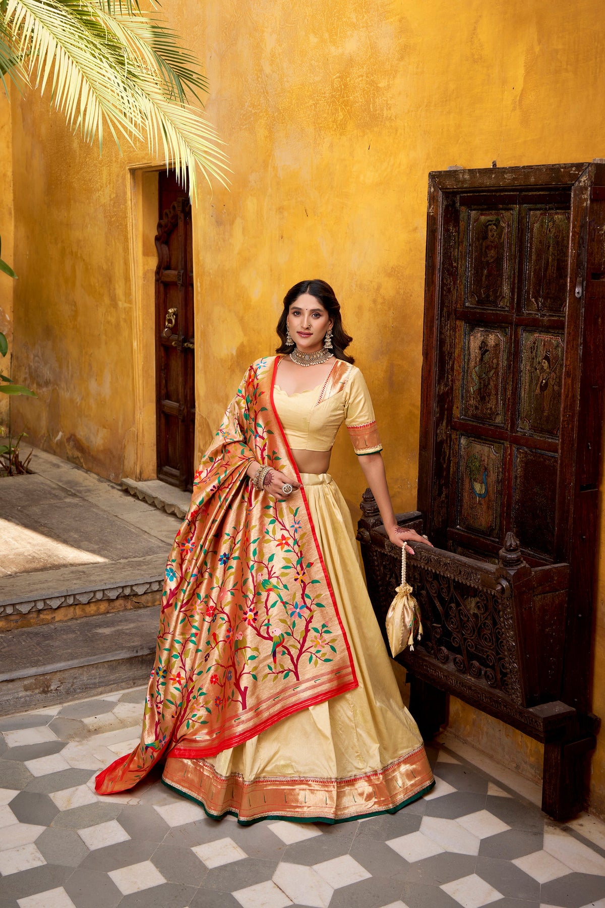 Lorenvalley Fashion Cream Silk Paithani Zari Weaving Work With Lace Border Lehenga Choli with Dupatta | Grocsy