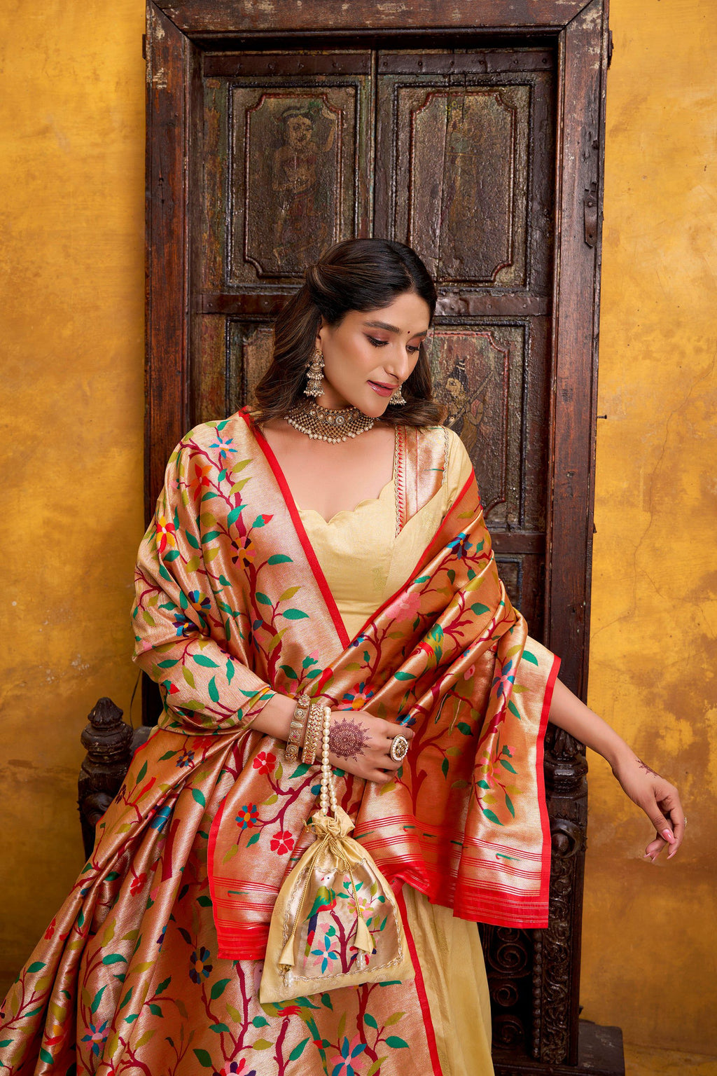 Lorenvalley Fashion Cream Silk Paithani Zari Weaving Work With Lace Border Lehenga Choli with Dupatta | Grocsy