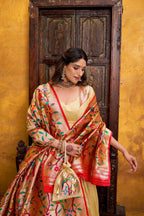 Lorenvalley Fashion Cream Silk Paithani Zari Weaving Work With Lace Border Lehenga Choli with Dupatta | Grocsy