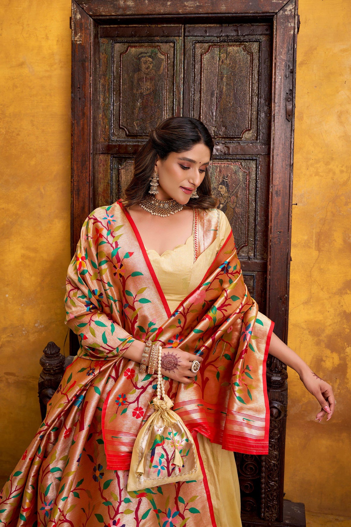 Lorenvalley Fashion Cream Silk Paithani Zari Weaving Work With Lace Border Lehenga Choli with Dupatta | Grocsy