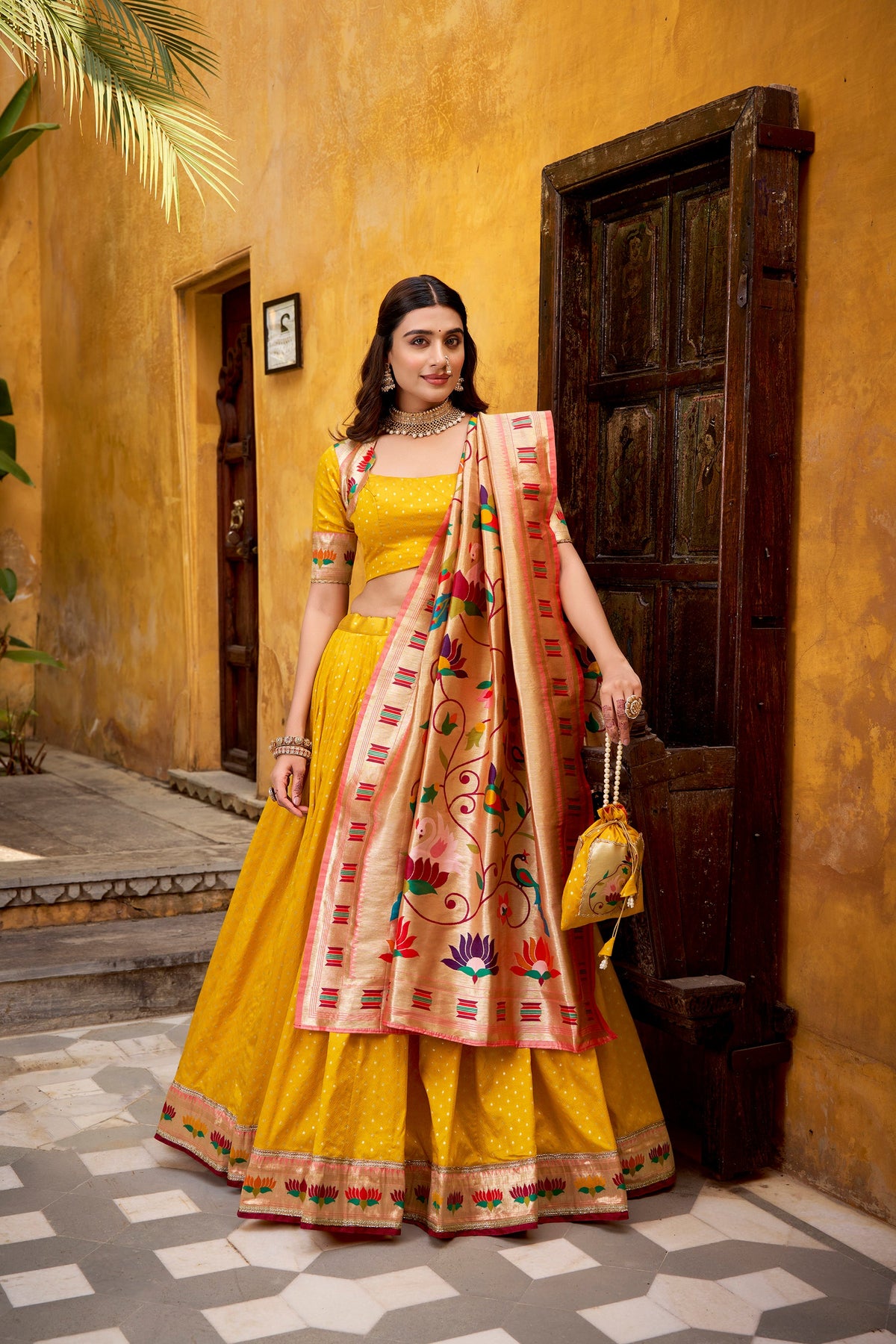 Lorenvalley Fashion Yellow Silk Paithani Zari Weaving Work With Lace Border Lehenga Choli with Dupatta | Grocsy