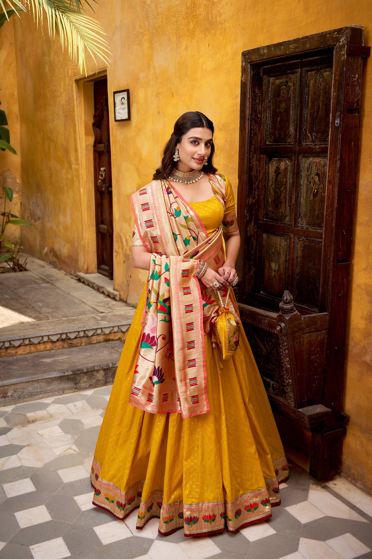 Lorenvalley Fashion Yellow Silk Paithani Zari Weaving Work With Lace Border Lehenga Choli with Dupatta | Grocsy