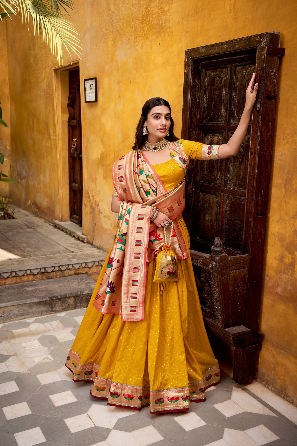 Lorenvalley Fashion Yellow Silk Paithani Zari Weaving Work With Lace Border Lehenga Choli with Dupatta | Grocsy