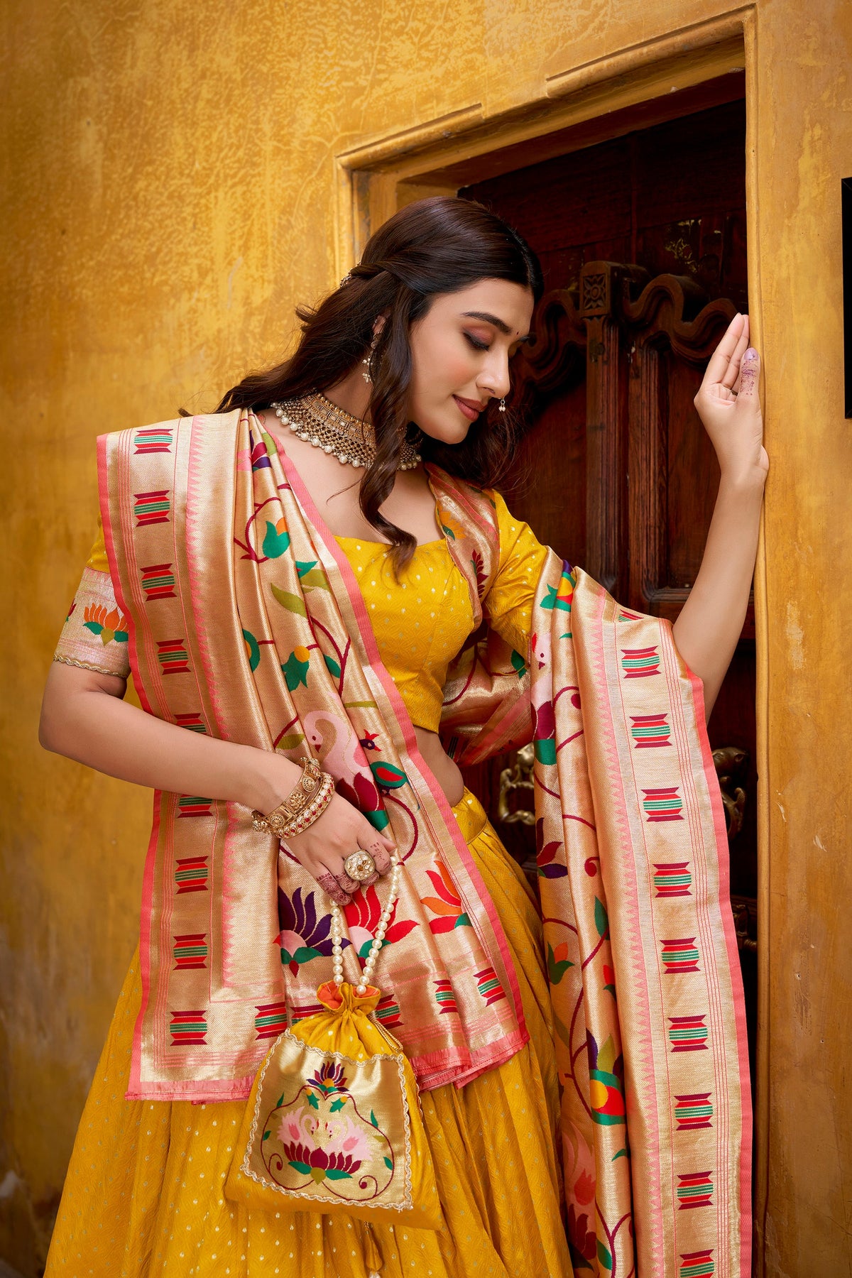 Lorenvalley Fashion Yellow Silk Paithani Zari Weaving Work With Lace Border Lehenga Choli with Dupatta | Grocsy