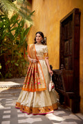 Lorenvalley Fashion Off White Silk Paithani Zari Weaving Work With Lace Border Lehenga Choli with Dupatta | Grocsy