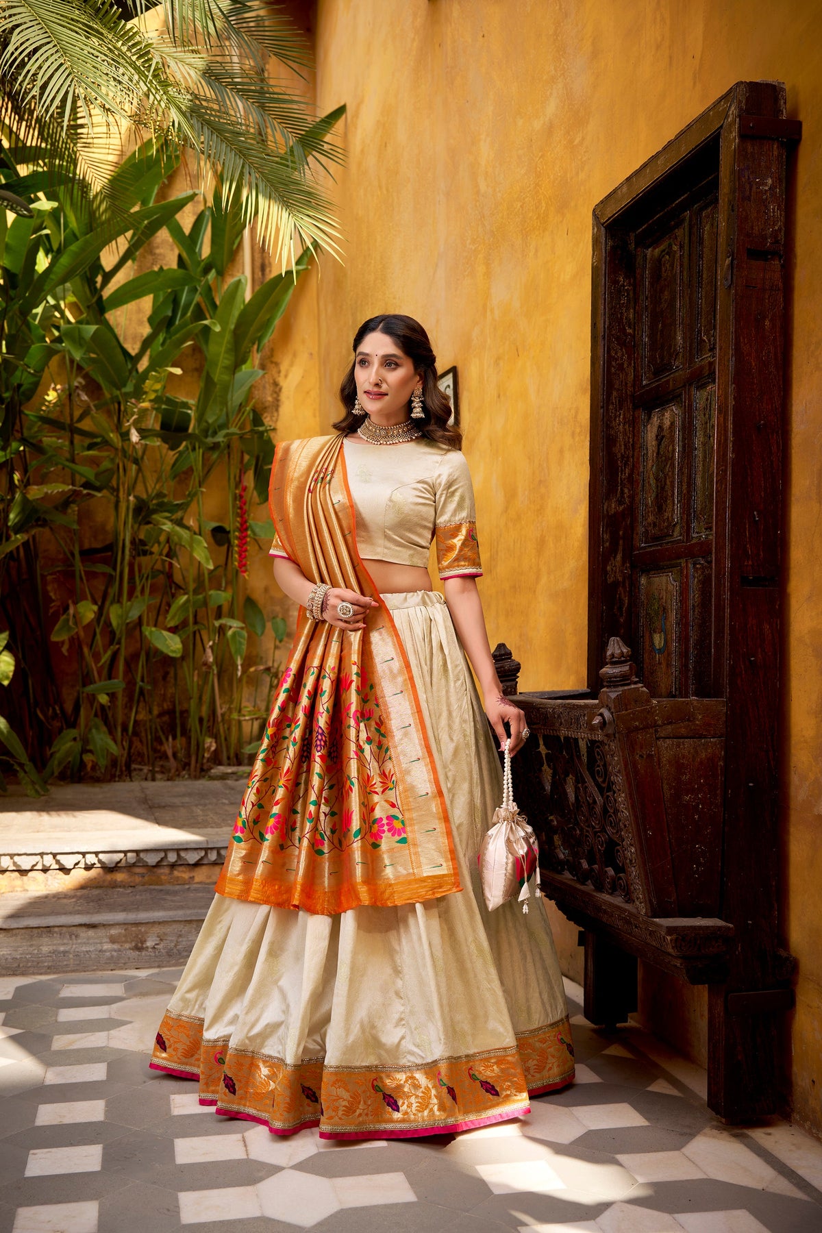 Lorenvalley Fashion Off White Silk Paithani Zari Weaving Work With Lace Border Lehenga Choli with Dupatta | Grocsy