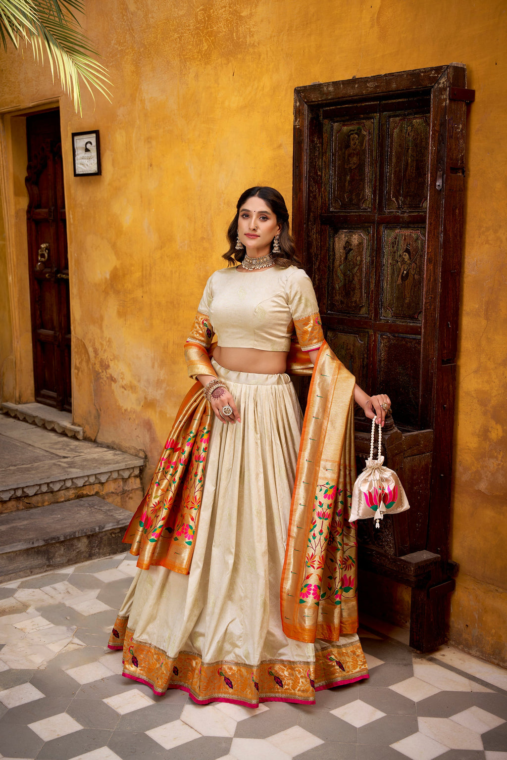 Lorenvalley Fashion Off White Silk Paithani Zari Weaving Work With Lace Border Lehenga Choli with Dupatta | Grocsy