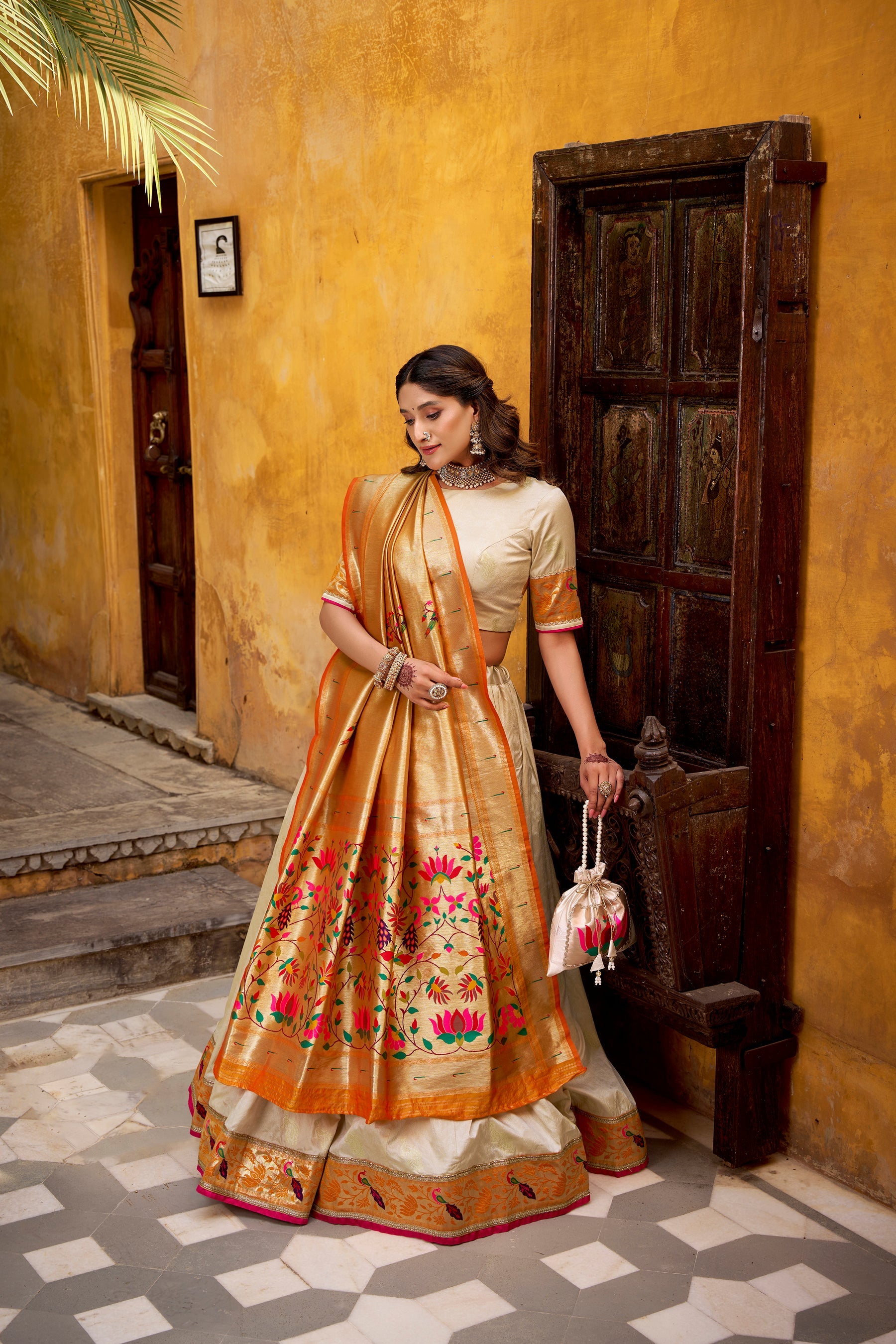 Lorenvalley Fashion Off White Silk Paithani Zari Weaving Work With Lace Border Lehenga Choli with Dupatta | Grocsy