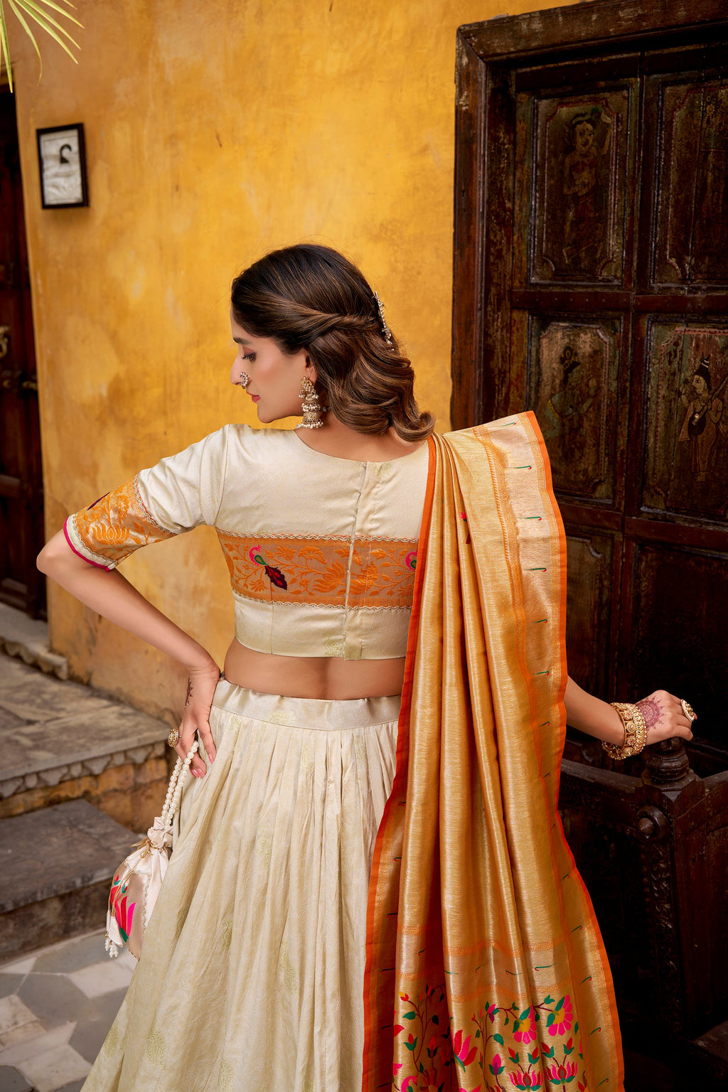 Lorenvalley Fashion Off White Silk Paithani Zari Weaving Work With Lace Border Lehenga Choli with Dupatta | Grocsy