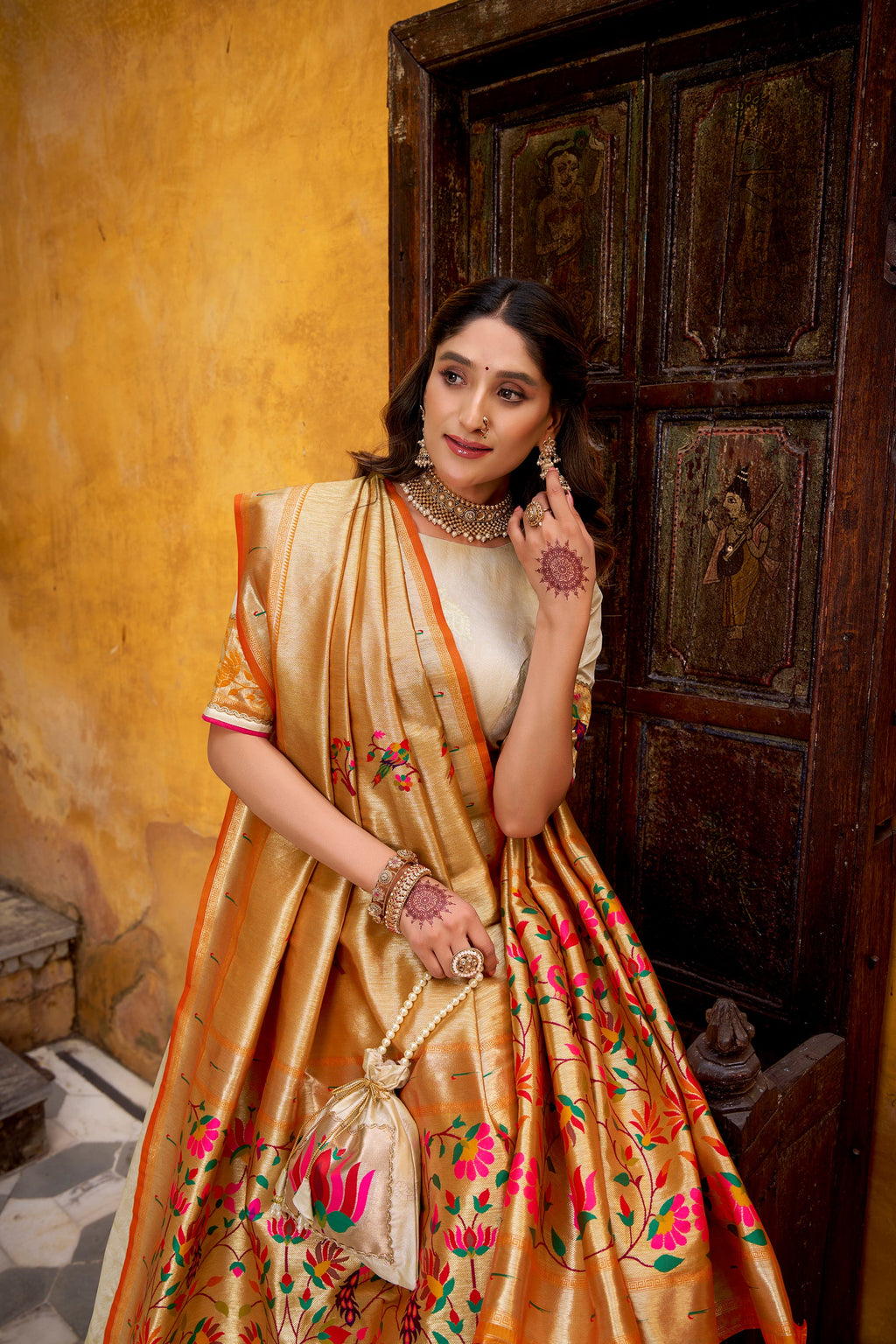 Lorenvalley Fashion Off White Silk Paithani Zari Weaving Work With Lace Border Lehenga Choli with Dupatta | Grocsy