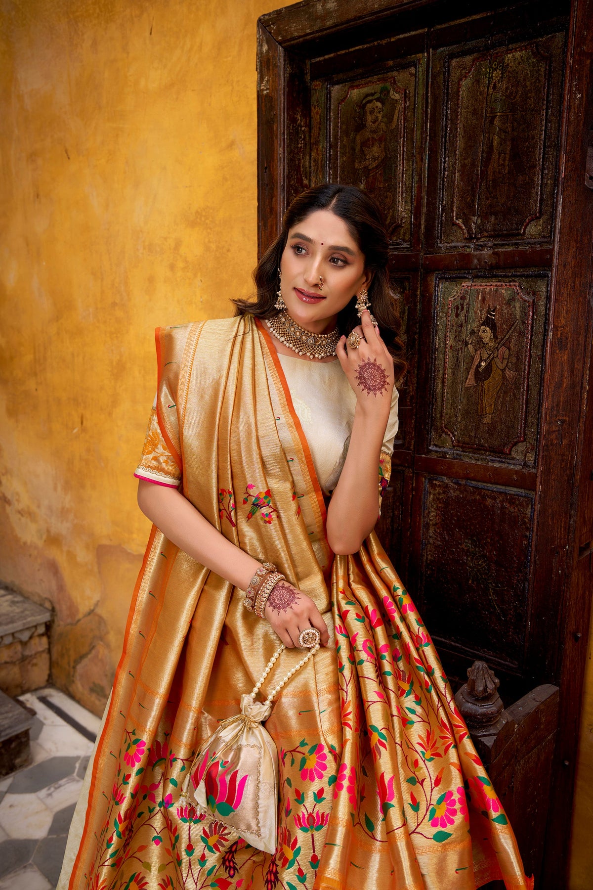 Lorenvalley Fashion Off White Silk Paithani Zari Weaving Work With Lace Border Lehenga Choli with Dupatta | Grocsy