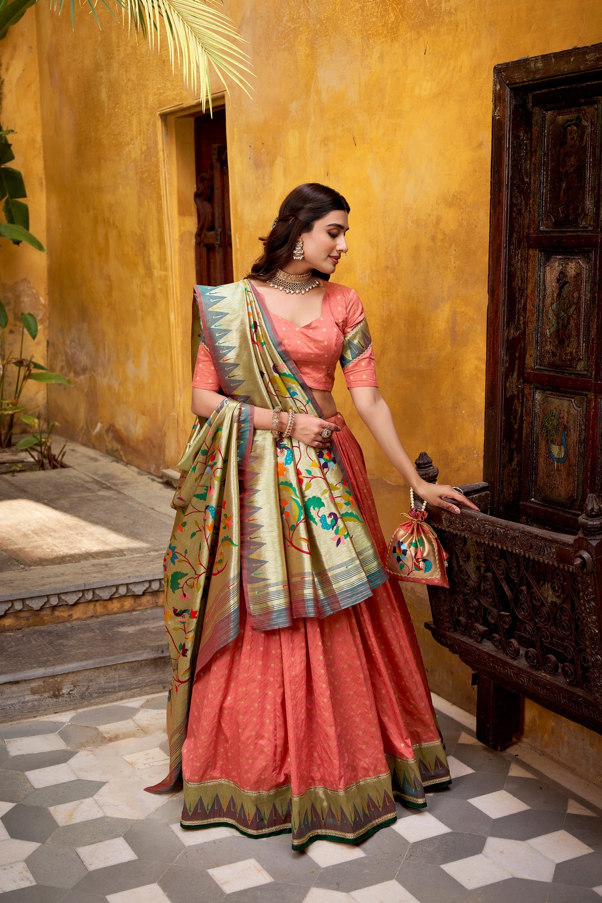 Lorenvalley Fashion Peach Silk Paithani Zari Weaving Work With Lace Border Lehenga Choli with Dupatta | Grocsy