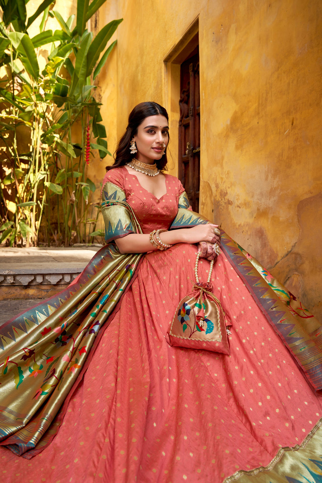 Lorenvalley Fashion Peach Silk Paithani Zari Weaving Work With Lace Border Lehenga Choli with Dupatta | Grocsy