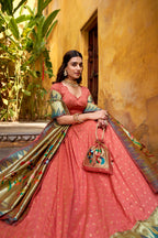 Lorenvalley Fashion Peach Silk Paithani Zari Weaving Work With Lace Border Lehenga Choli with Dupatta | Grocsy