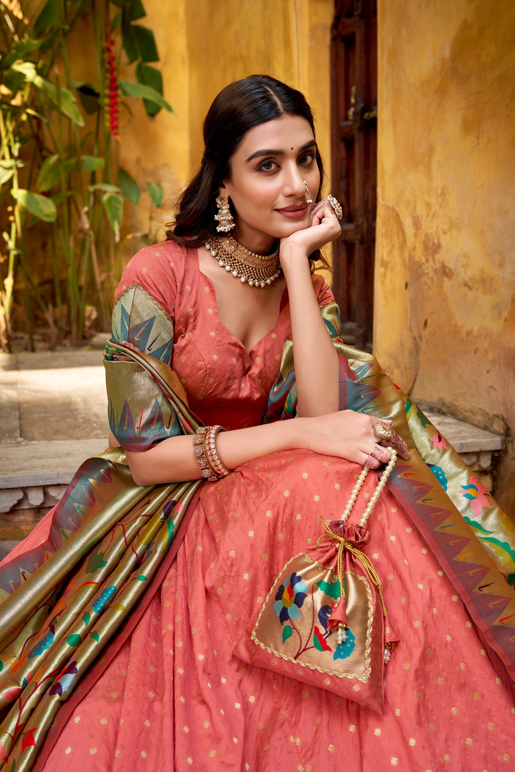 Lorenvalley Fashion Peach Silk Paithani Zari Weaving Work With Lace Border Lehenga Choli with Dupatta | Grocsy