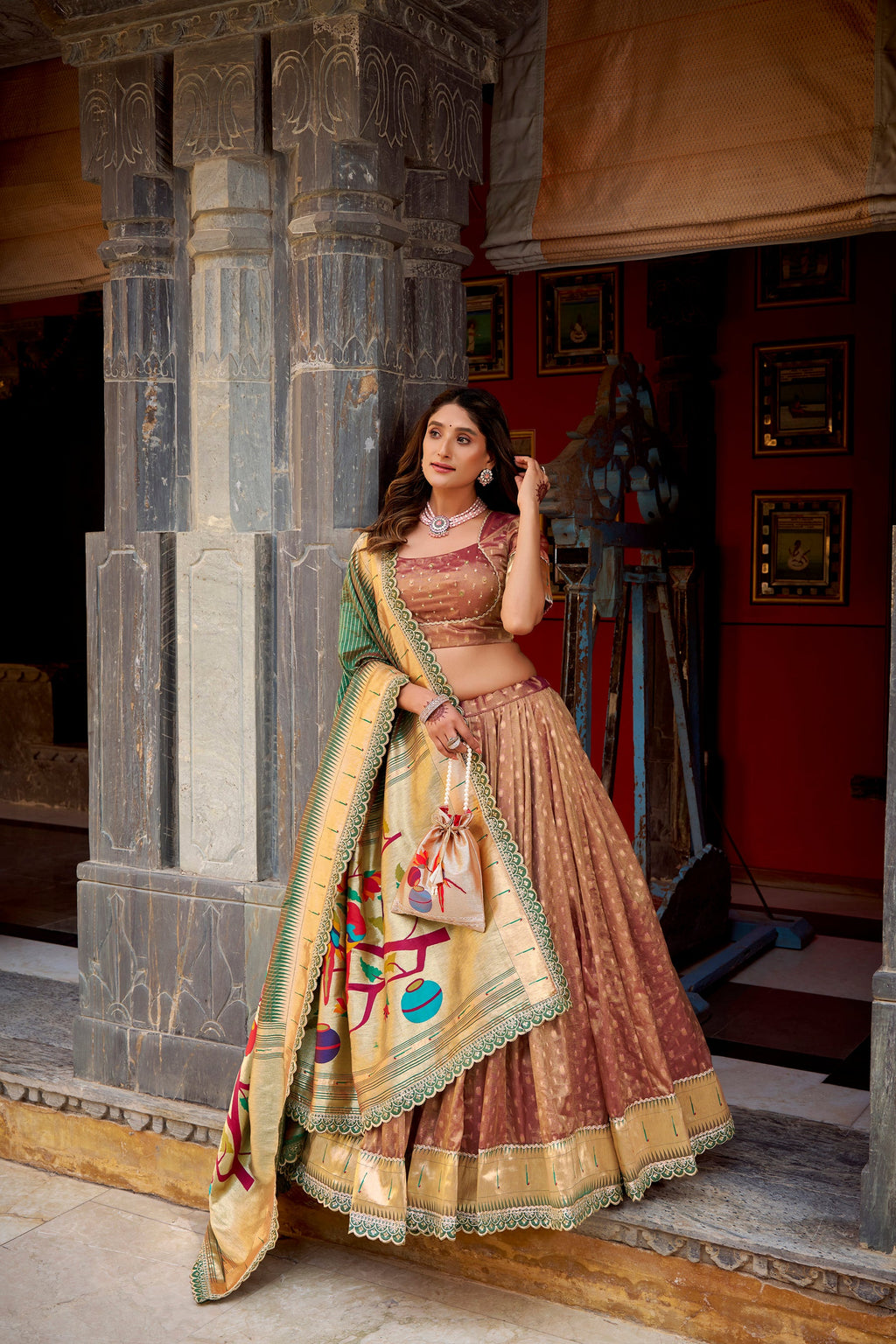 Lorenvalley Fashion Brown Simmer Organza Zari Weaving Work With Lace Border Lehenga Choli with Dupatta | Grocsy