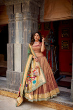 Lorenvalley Fashion Brown Simmer Organza Zari Weaving Work With Lace Border Lehenga Choli with Dupatta | Grocsy