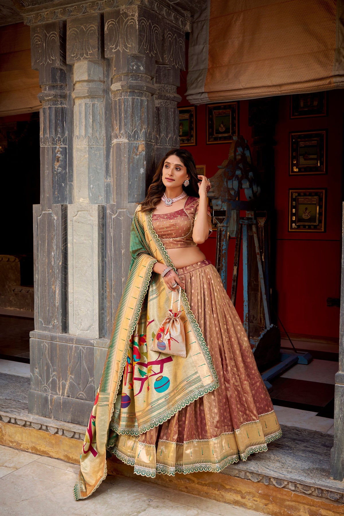 Lorenvalley Fashion Brown Simmer Organza Zari Weaving Work With Lace Border Lehenga Choli with Dupatta | Grocsy