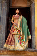 Lorenvalley Fashion Brown Simmer Organza Zari Weaving Work With Lace Border Lehenga Choli with Dupatta | Grocsy