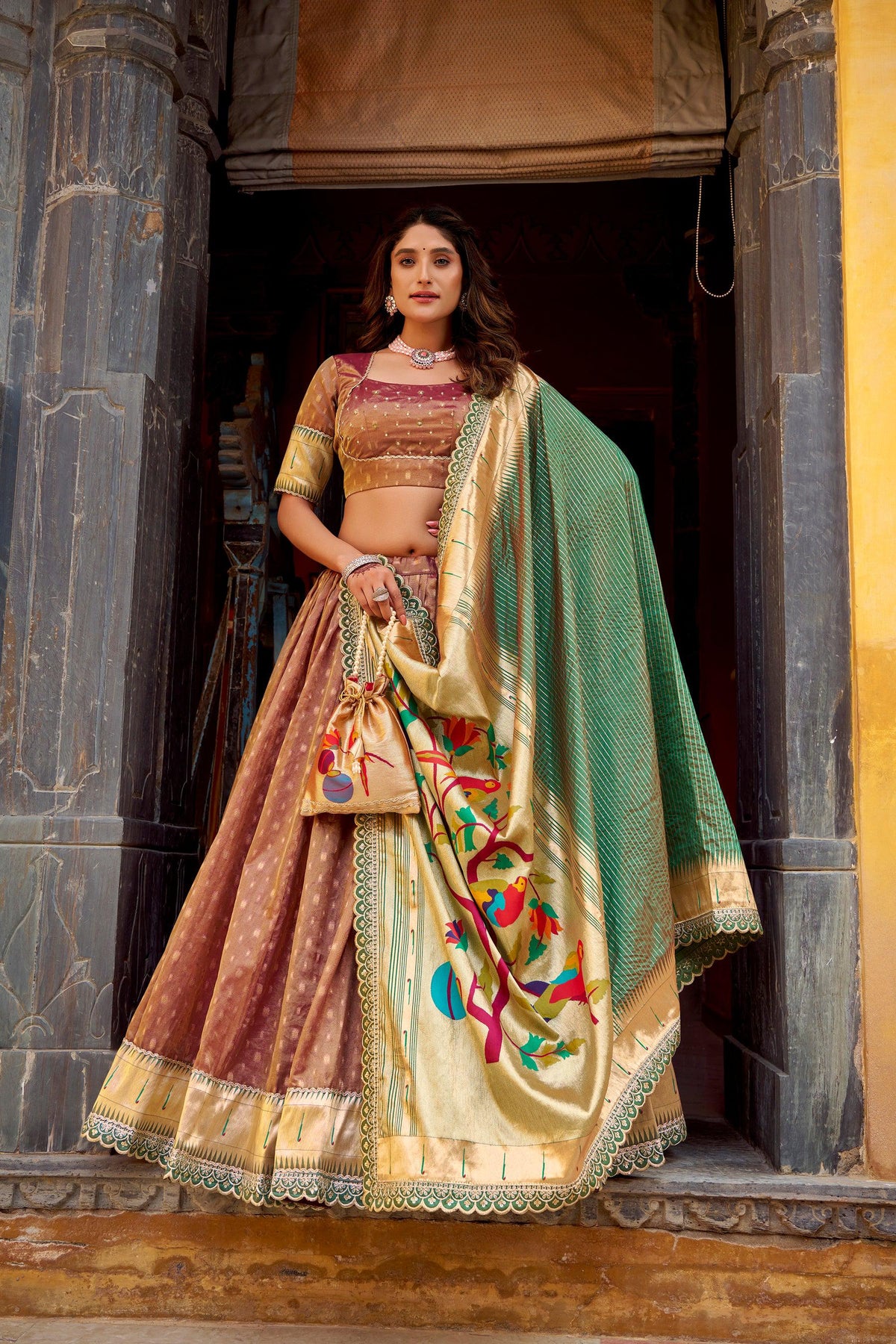 Lorenvalley Fashion Brown Simmer Organza Zari Weaving Work With Lace Border Lehenga Choli with Dupatta | Grocsy