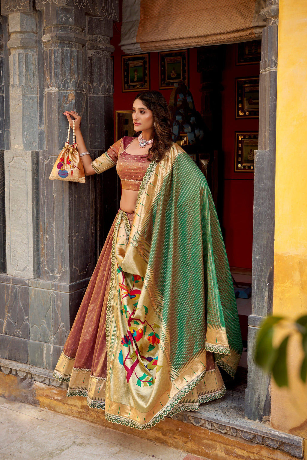 Lorenvalley Fashion Brown Simmer Organza Zari Weaving Work With Lace Border Lehenga Choli with Dupatta | Grocsy