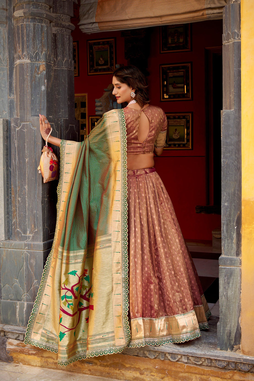 Lorenvalley Fashion Brown Simmer Organza Zari Weaving Work With Lace Border Lehenga Choli with Dupatta | Grocsy
