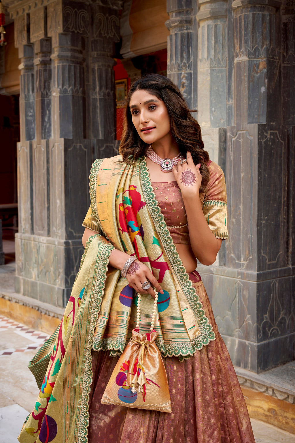 Lorenvalley Fashion Brown Simmer Organza Zari Weaving Work With Lace Border Lehenga Choli with Dupatta | Grocsy