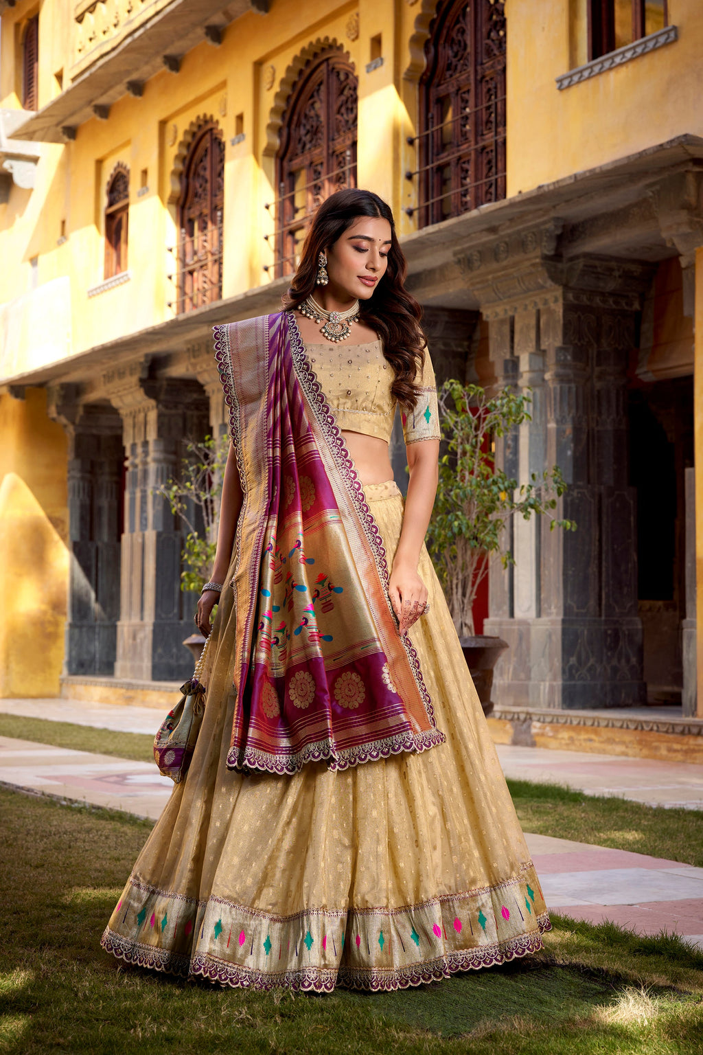 Lorenvalley Fashion Cream Simmer Organza Zari Weaving Work With Lace Border Lehenga Choli with Dupatta | Grocsy