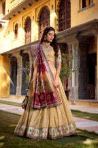 Lorenvalley Fashion Cream Simmer Organza Zari Weaving Work With Lace Border Lehenga Choli with Dupatta | Grocsy